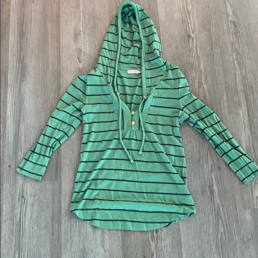 juicy couture striped hooded baseball t-shirt 3/4 sleeve, green/navy, small